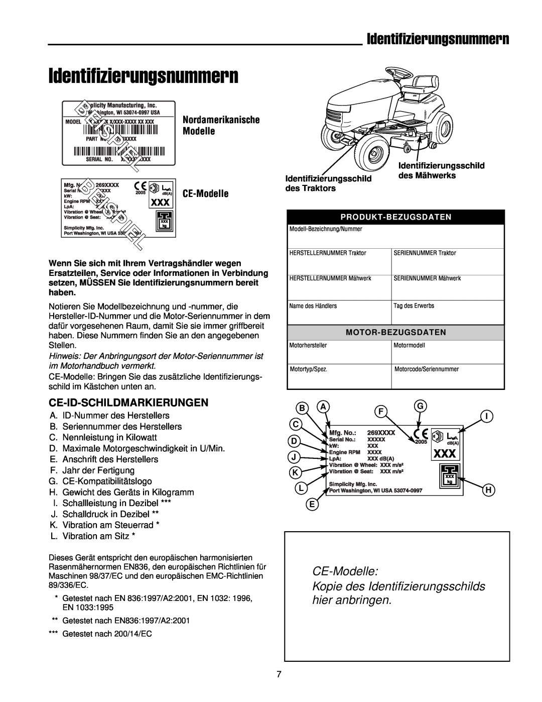 Simplicity 300 manual Identifizierungsnummern, Ce-Id-Schildmarkierungen, Beispi El, CE-Modelle, B Af G C D J K, L H E 
