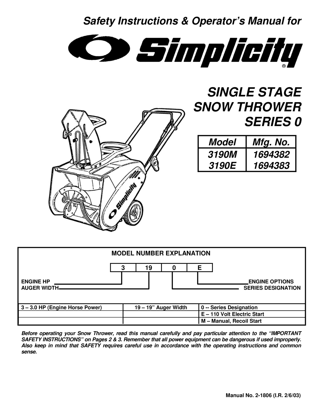 Simplicity 3190E, 3190M important safety instructions Model Number Explanation 