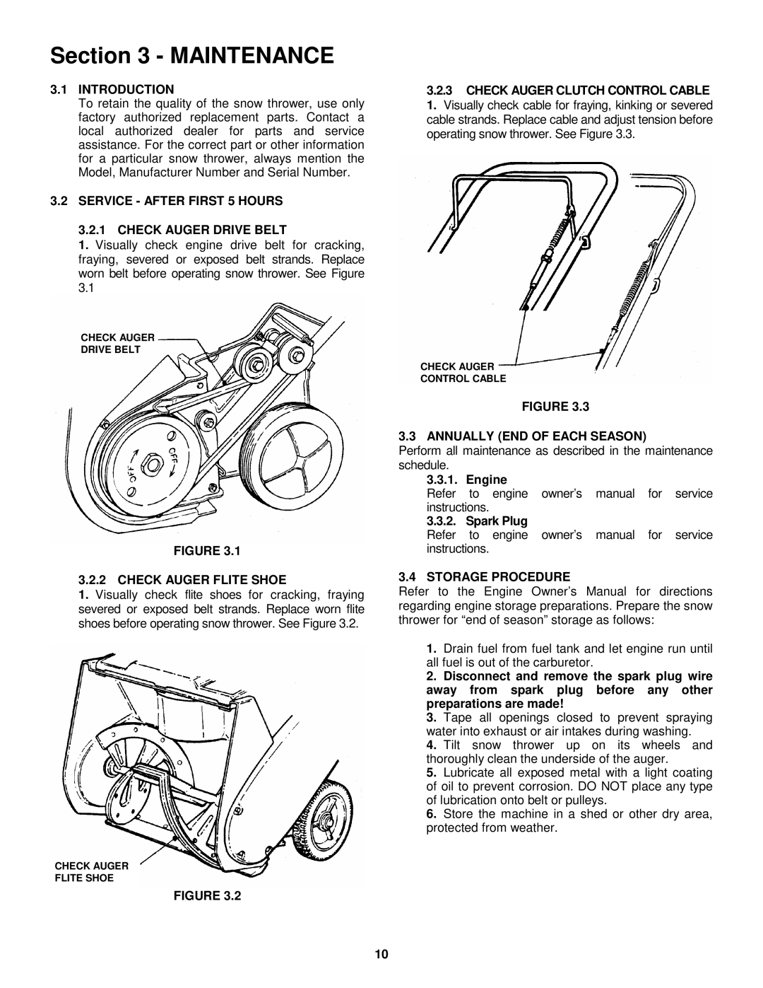 Simplicity 3190M, 3190E Introduction, Service After First 5 Hours Check Auger Drive Belt, Check Auger Flite Shoe 