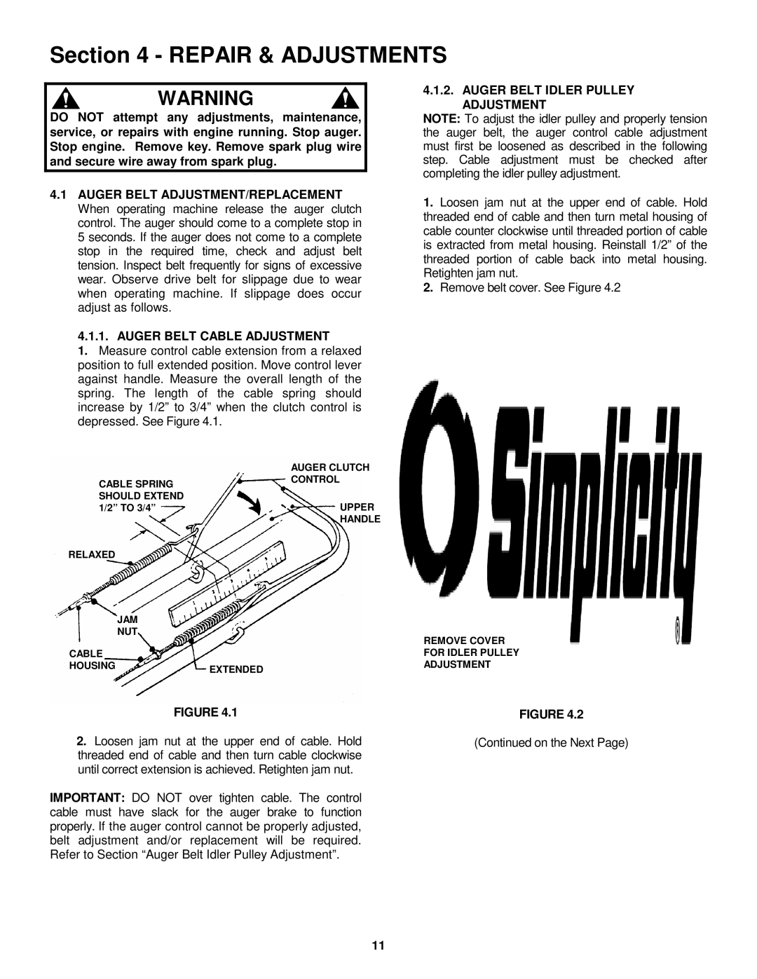 Simplicity 3190E, 3190M important safety instructions Auger Belt Cable Adjustment, Auger Belt Idler Pulley Adjustment 