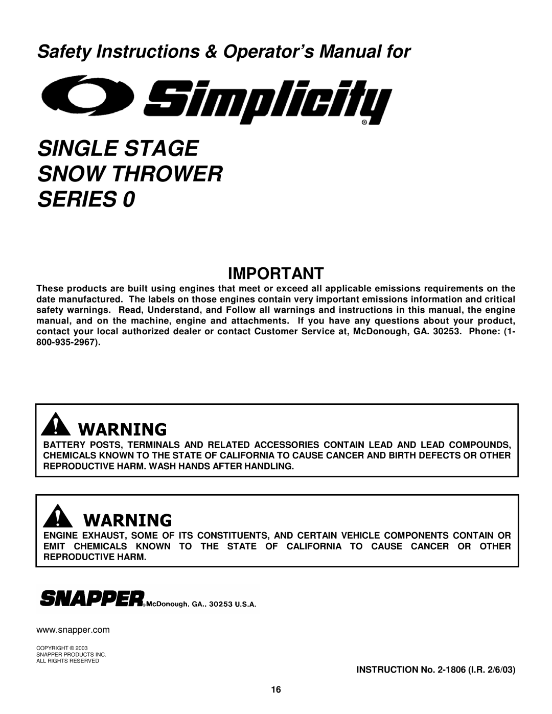 Simplicity 3190M, 3190E important safety instructions Instruction No -1806 I.R /6/03 