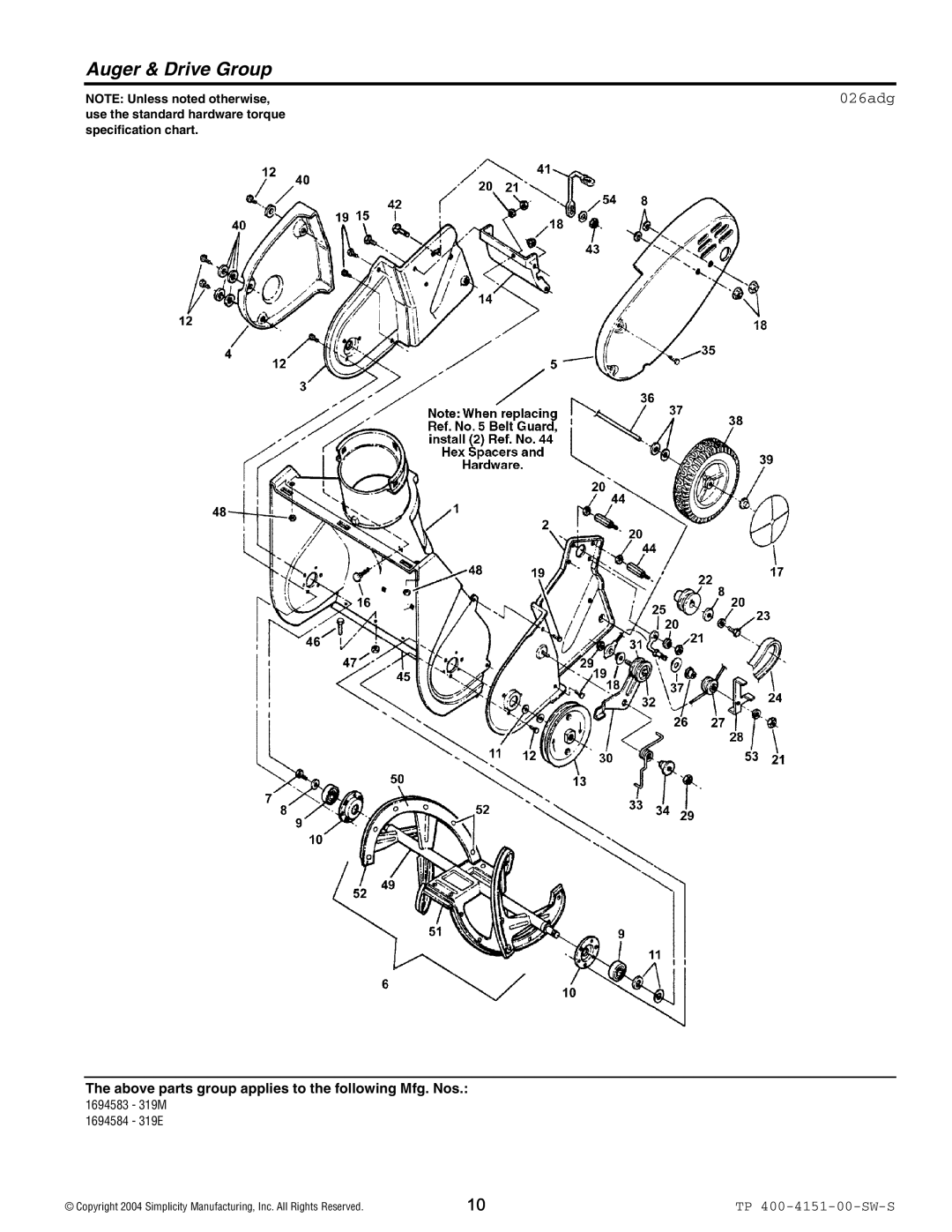 Simplicity 319M, 319E manual Auger & Drive Group 