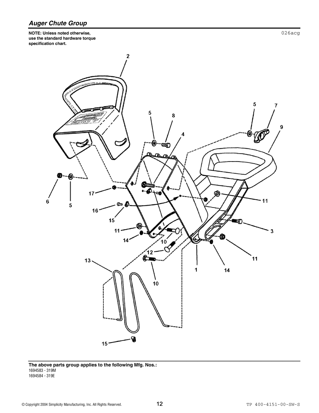 Simplicity 319M, 319E manual Auger Chute Group, 026acg 