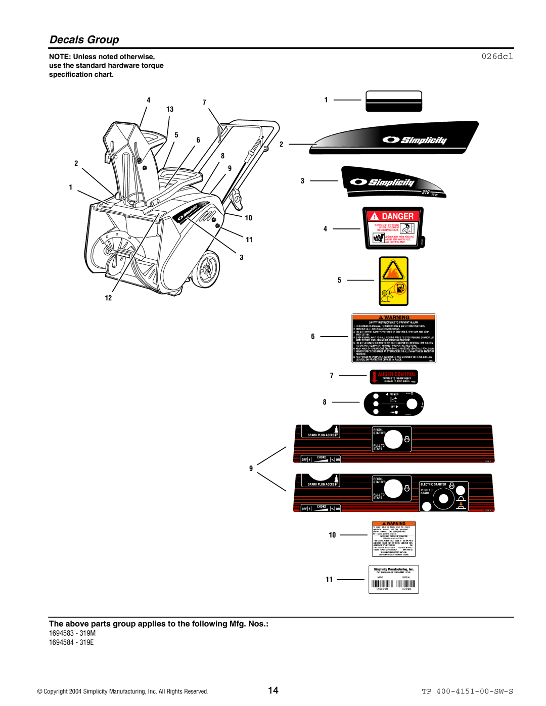 Simplicity 319M, 319E manual Decals Group, 026dcl 