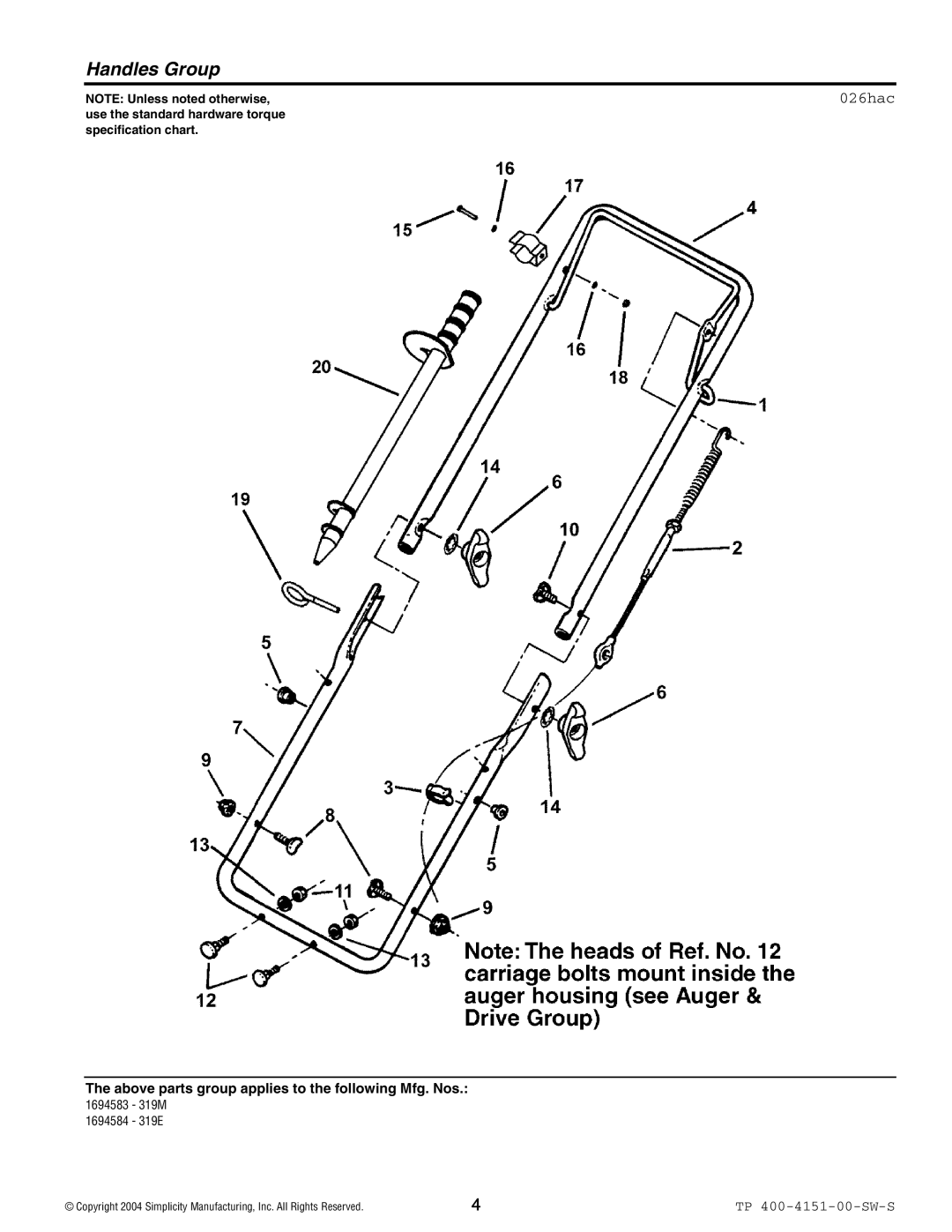 Simplicity 319M, 319E manual Handles Group, 026hac 