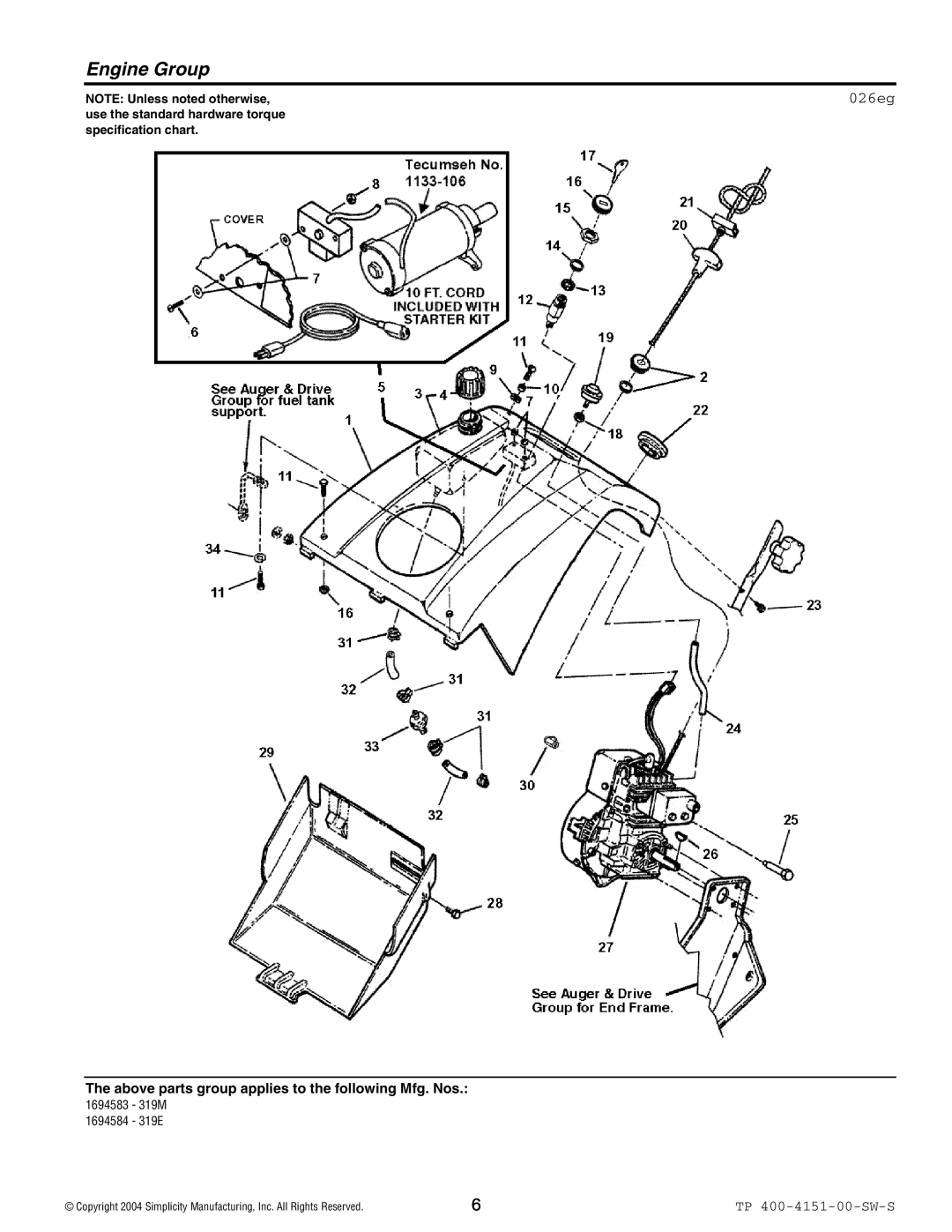 Simplicity 319M, 319E manual Engine Group, 026eg 