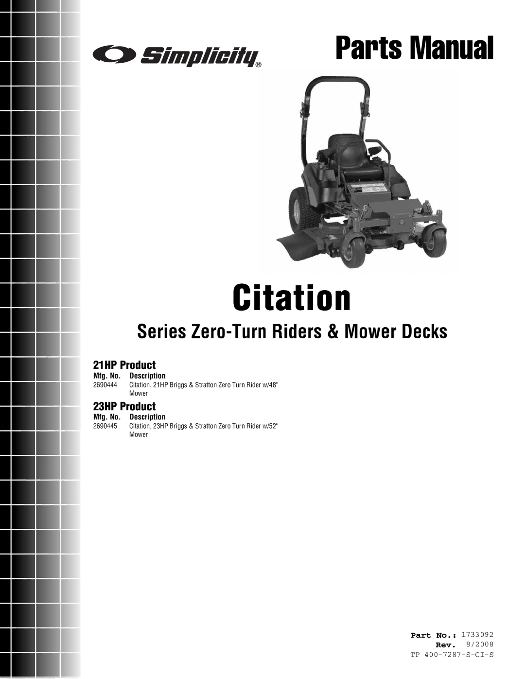 Simplicity 385777, 386777, 2690444 Citation, 2690445 Citation, 1733092, 5404064CSM 1, 5022811SM 1, Citation Series manual 