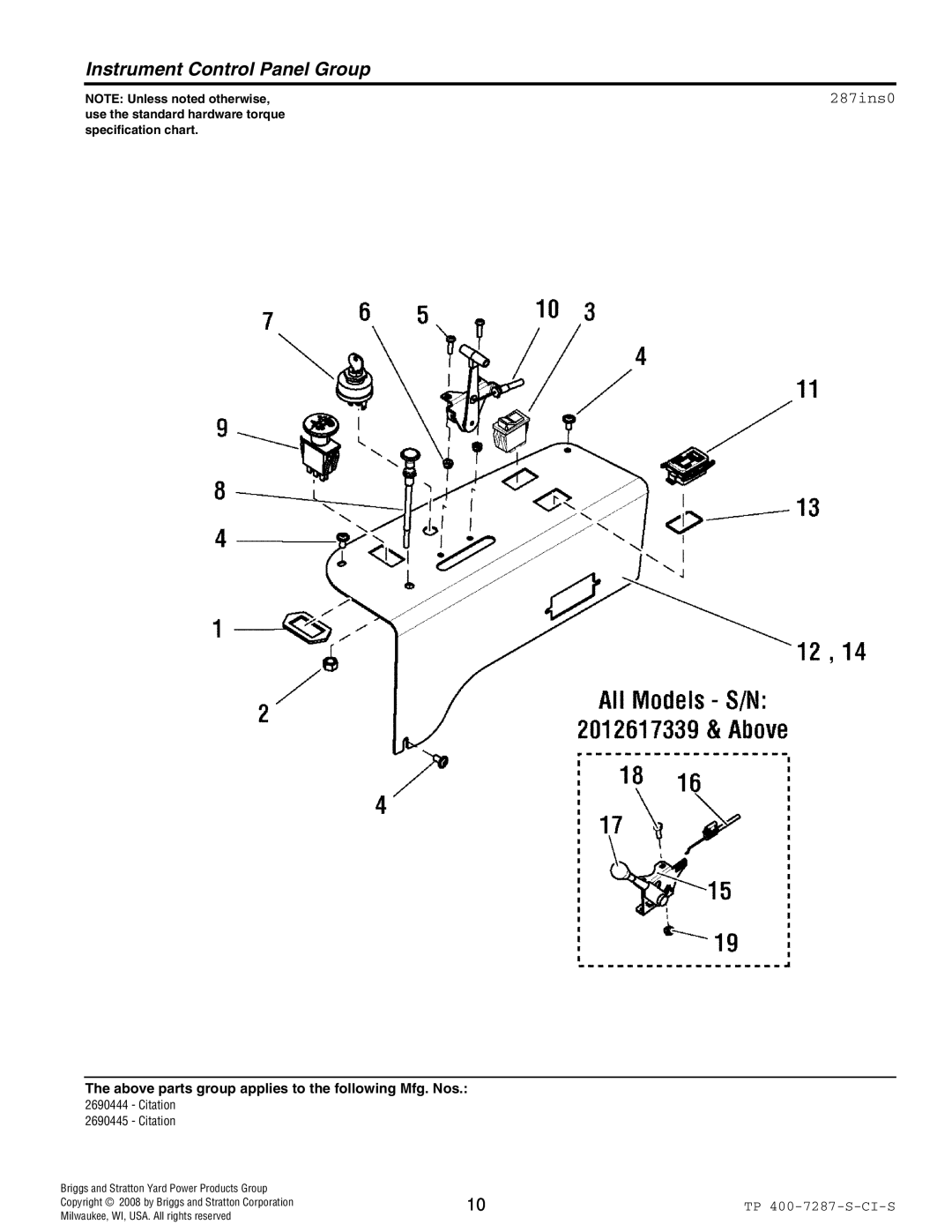 Simplicity 2690444 Citation, 386777, 385777, 2690445 Citation, 1733092, 5404064CSM 1 Instrument Control Panel Group, 287ins0 