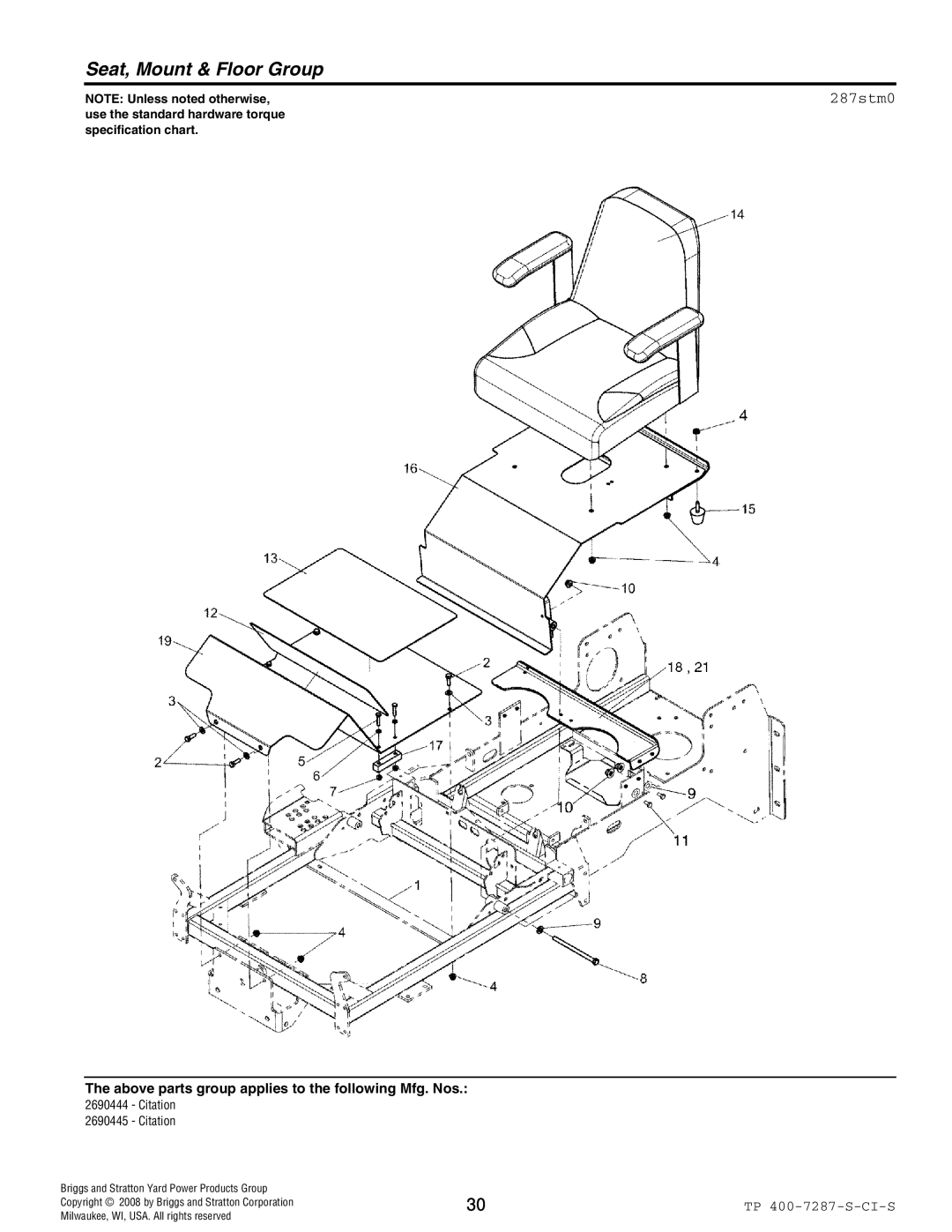 Simplicity 5022811SM 1, 386777, 385777, 2690444 Citation, 2690445 Citation, 1733092 manual Seat, Mount & Floor Group, 287stm0 