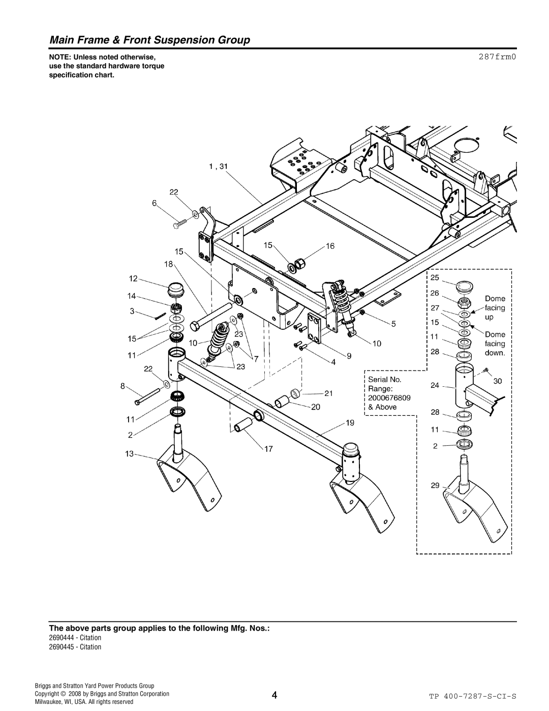 Simplicity 1733092, 386777, 385777, 2690444 Citation, 2690445 Citation manual Main Frame & Front Suspension Group, 287frm0 