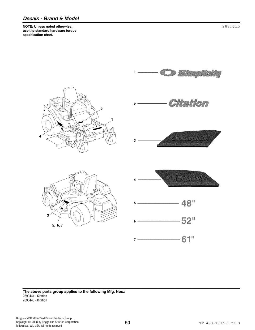 Simplicity 2690444 Citation, 386777, 385777, 2690445 Citation, 1733092, 5404064CSM 1, 5022811SM 1 Decals Brand & Model, 287dclb 