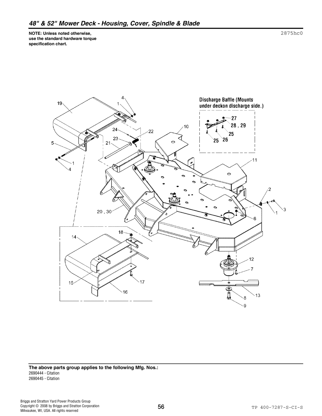 Simplicity 386777, 385777, 2690444 Citation, 2690445 Citation 48 & 52 Mower Deck Housing, Cover, Spindle & Blade, 2875hc0 