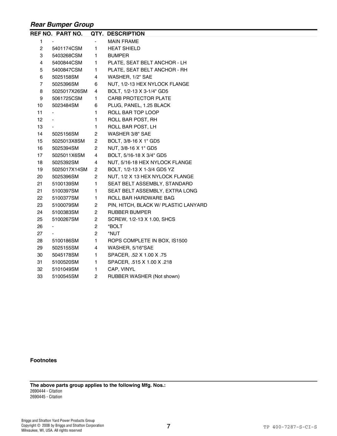 Simplicity Citation Series Main Frame, Heat Shield, Bumper, PLATE, Seat Belt Anchor LH, PLATE, Seat Belt Anchor RH, Bolt 