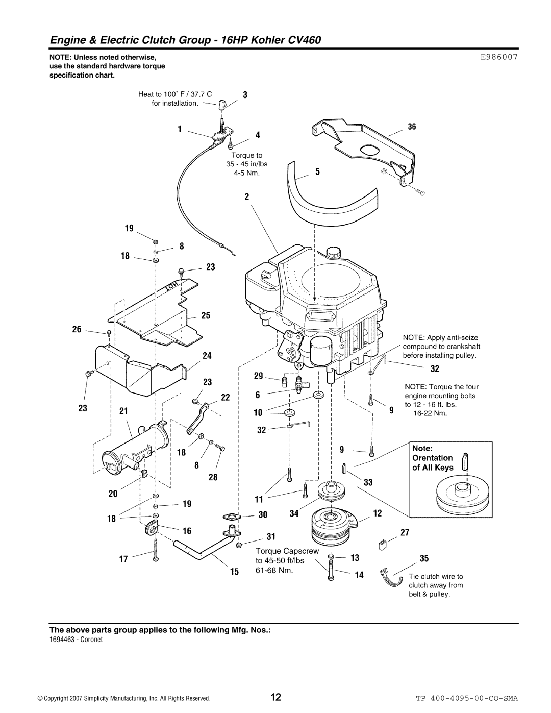 Simplicity 2400 Series manual Engine & Electric Clutch Group 16HP Kohler CV460, E986007 