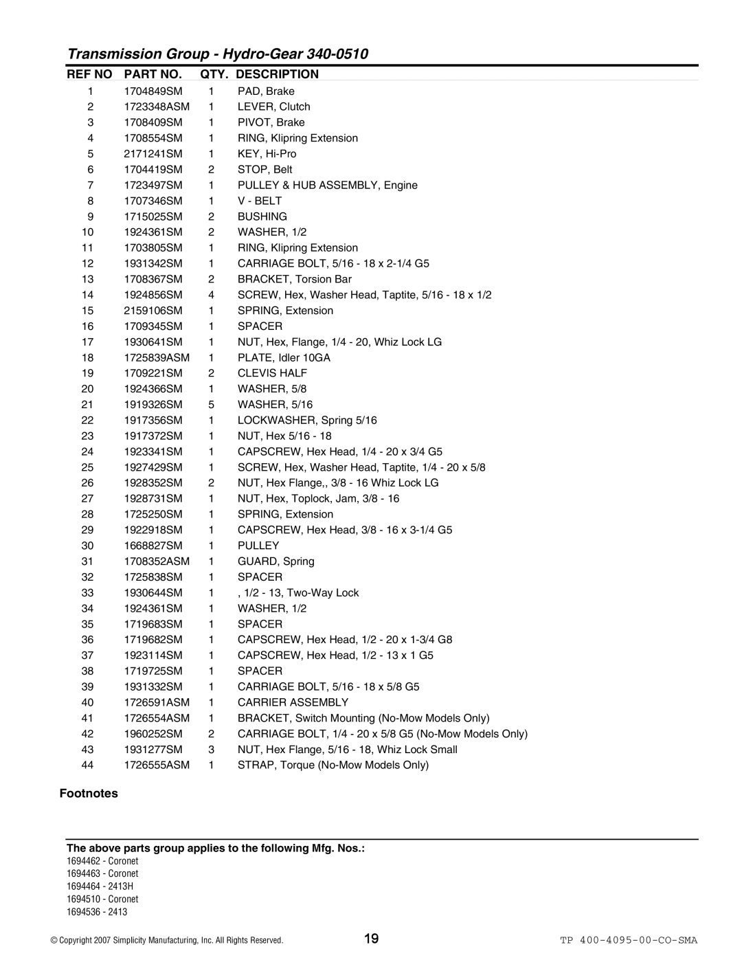 Simplicity 2400 Series manual Belt, Bushing, WASHER, 1/2, Clevis Half, WASHER, 5/8, Carrier Assembly 