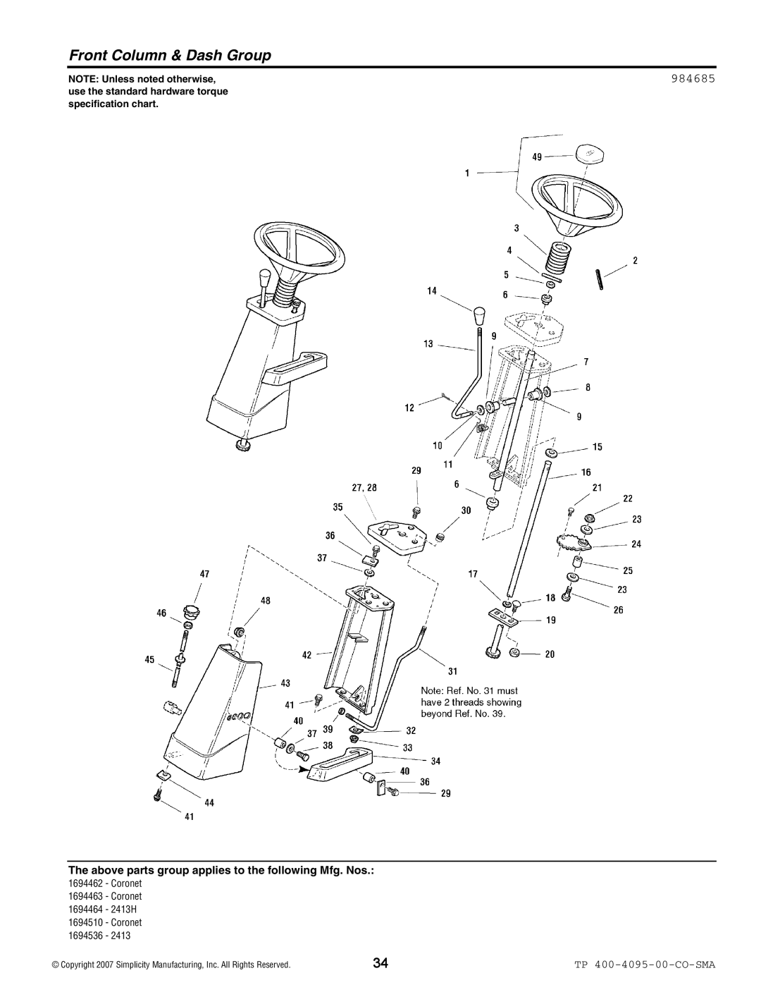 Simplicity 2400 Series manual Front Column & Dash Group, 984685 