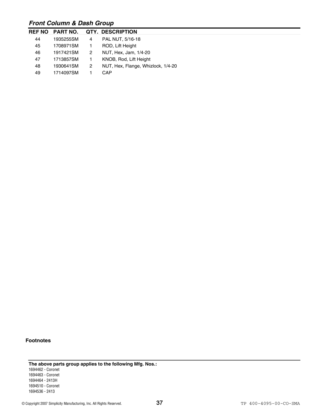 Simplicity 2400 Series manual Cap 