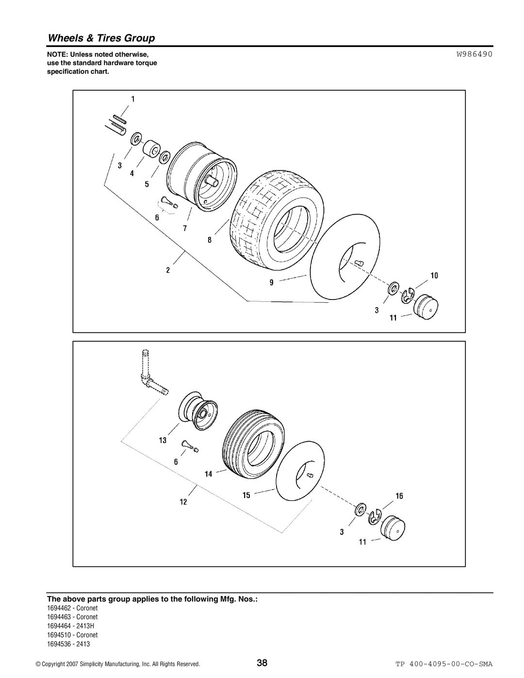 Simplicity 2400 Series manual Wheels & Tires Group, W986490 