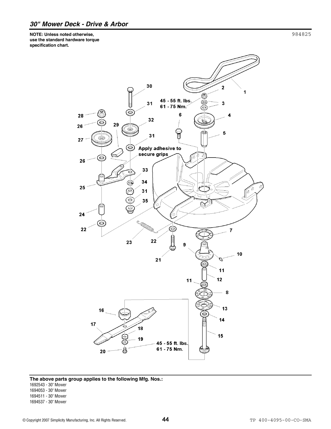 Simplicity 2400 Series manual Mower Deck Drive & Arbor, 984825 