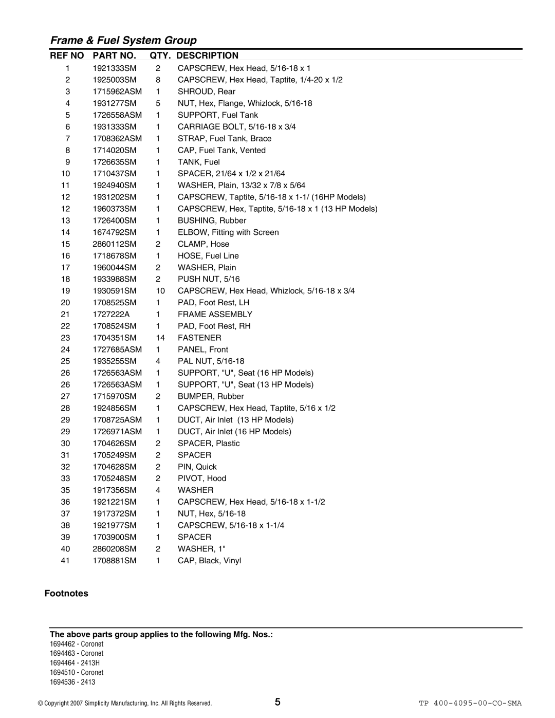 Simplicity 2400 Series manual Frame Assembly, Fastener, Spacer, Washer 