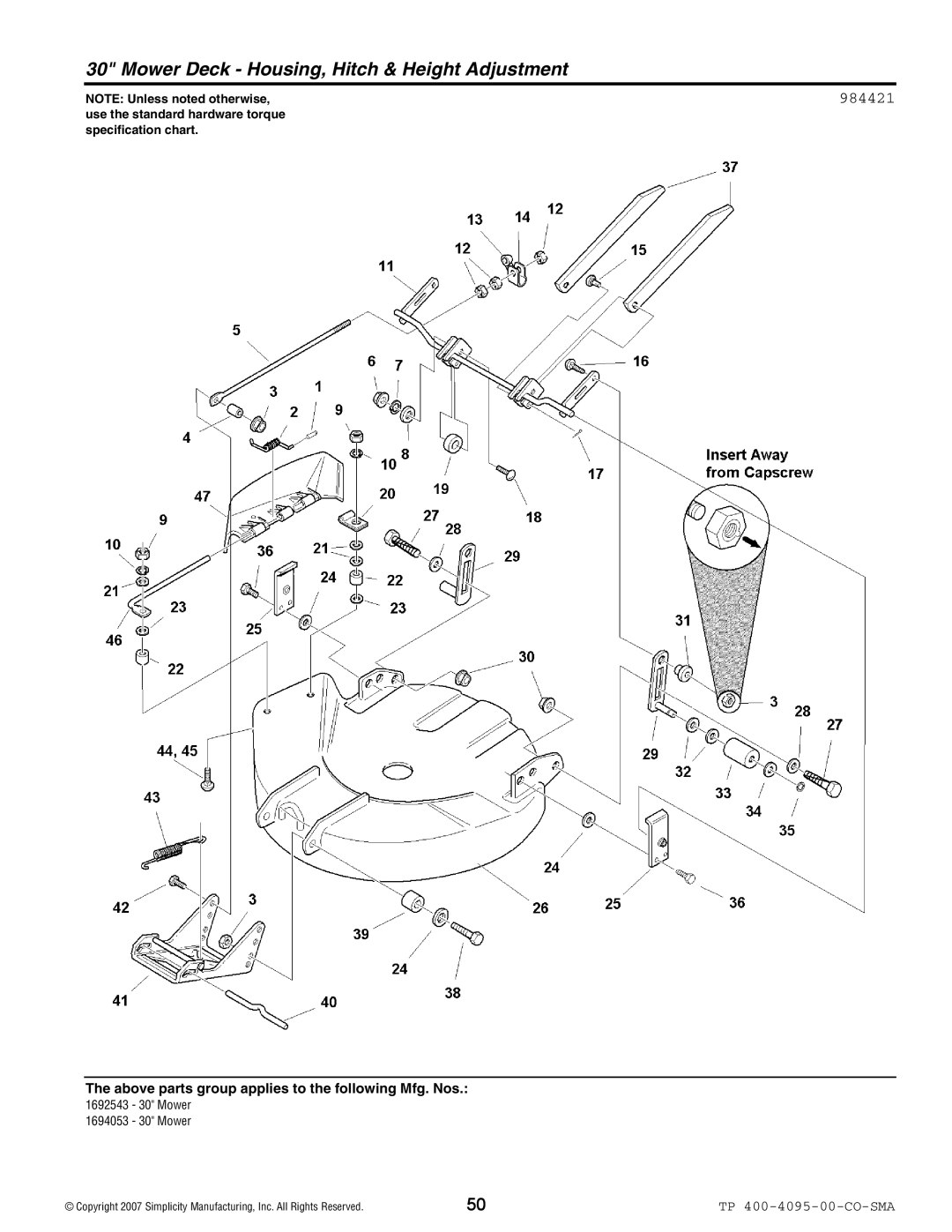 Simplicity 2400 Series manual Mower Deck Housing, Hitch & Height Adjustment, 984421 