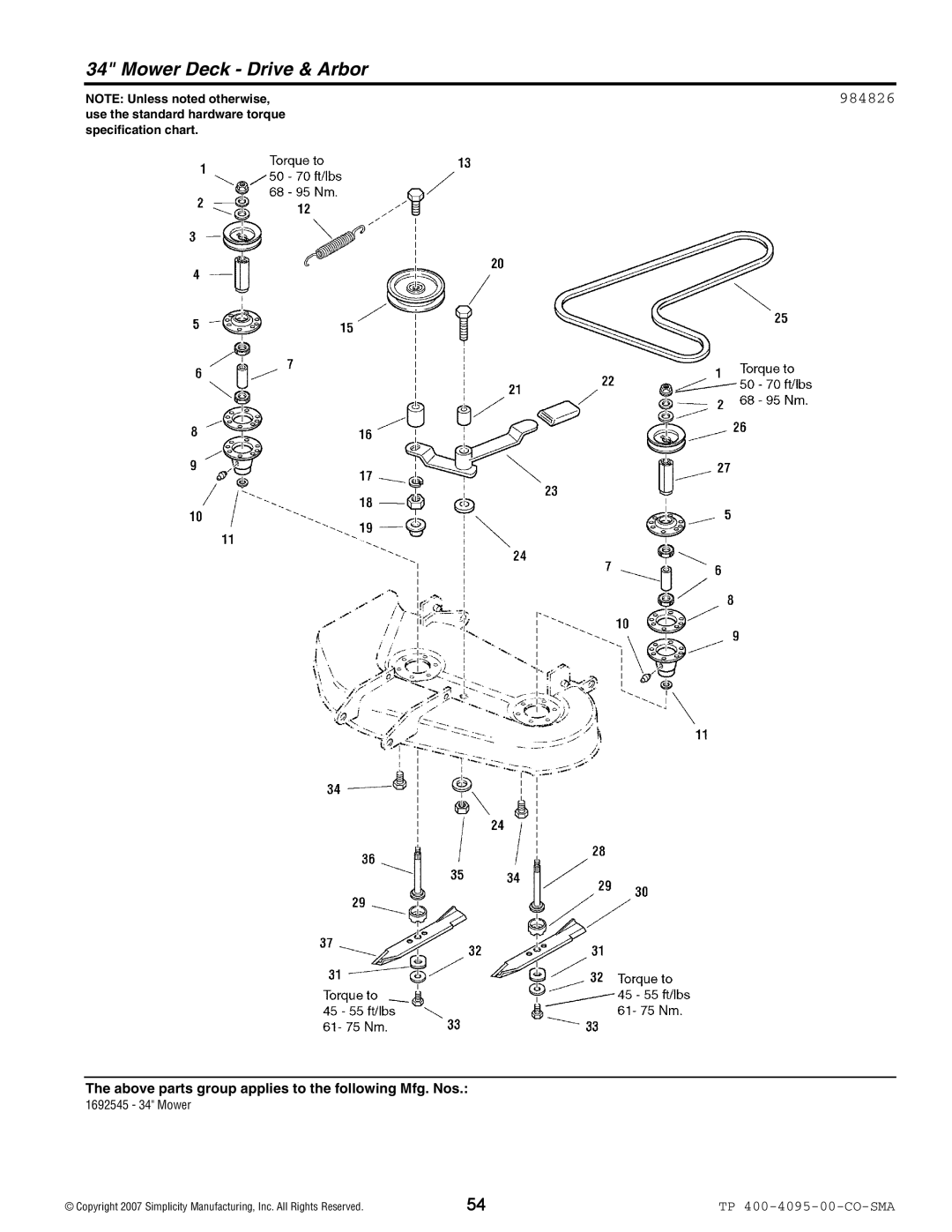 Simplicity 2400 Series manual Mower Deck Drive & Arbor, 984826 