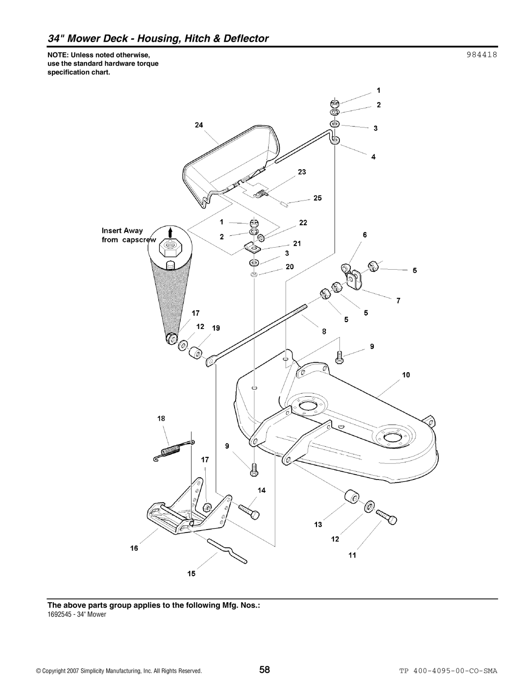 Simplicity 2400 Series manual Mower Deck Housing, Hitch & Deflector, 984418 