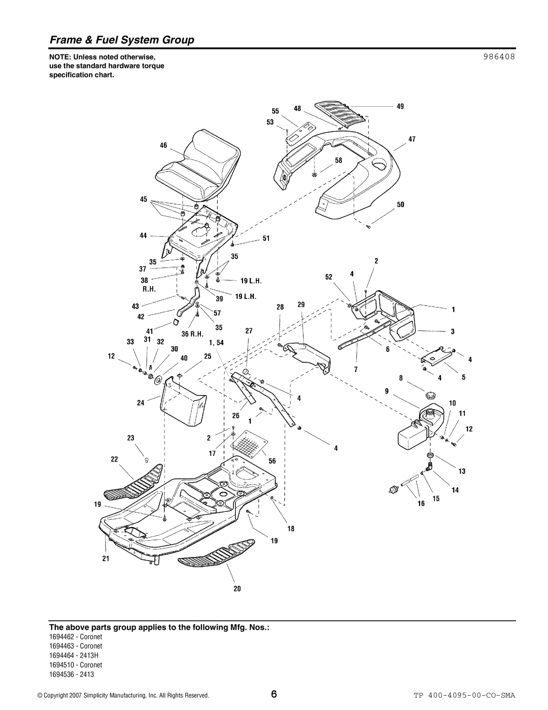 Simplicity 2400 Series manual Frame & Fuel System Group 