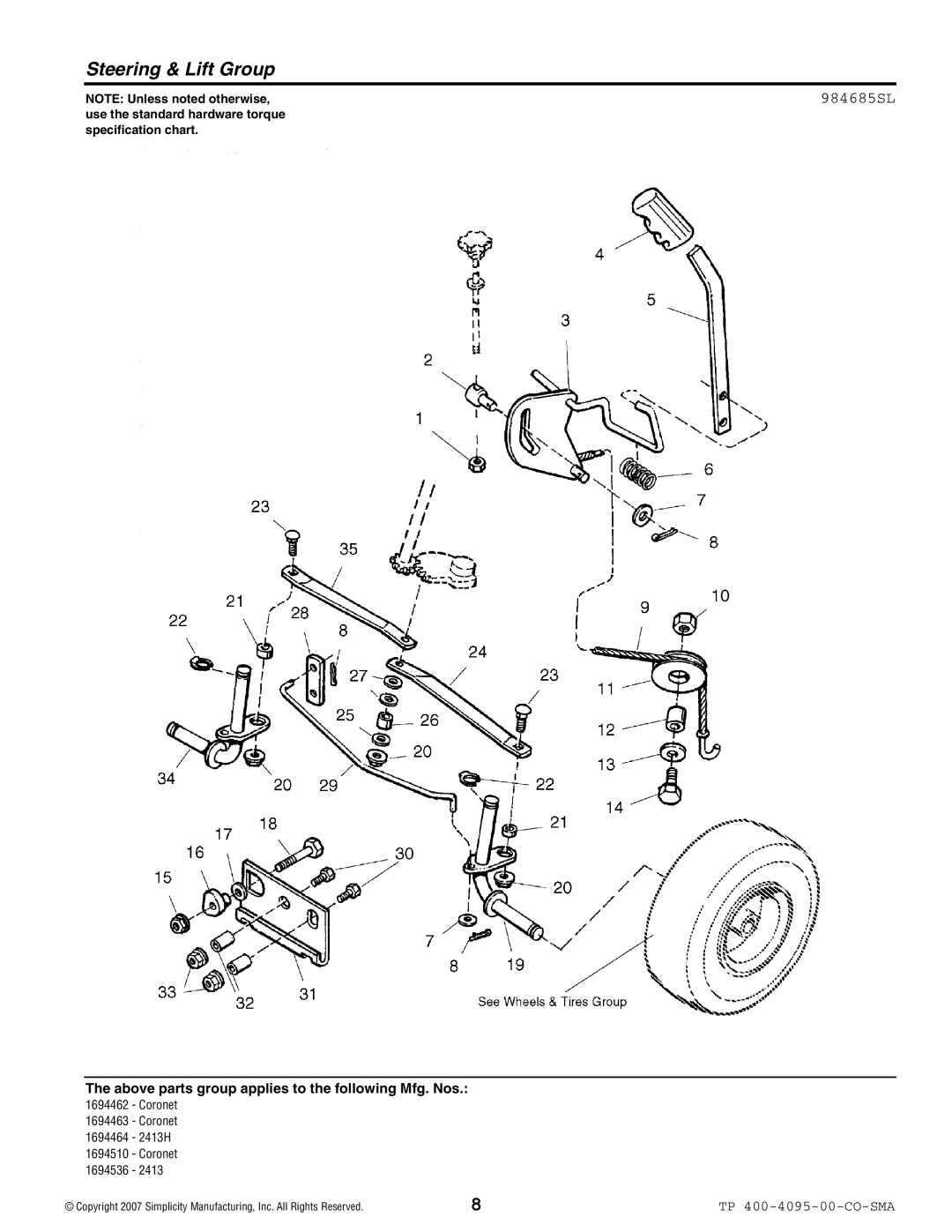 Simplicity 2400 Series manual Steering & Lift Group, 984685SL 