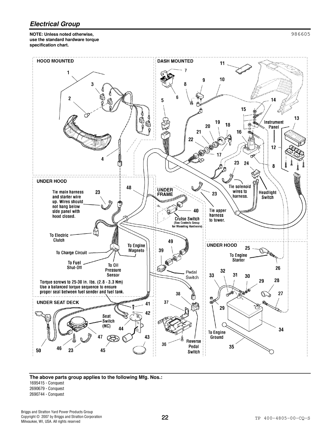 Simplicity 4WD Series manual Electrical Group, 986605 