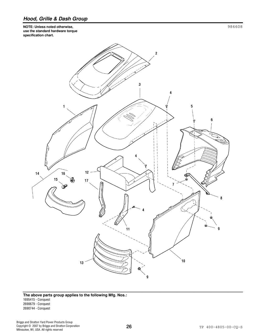 Simplicity 4WD Series manual Hood, Grille & Dash Group, 986608 