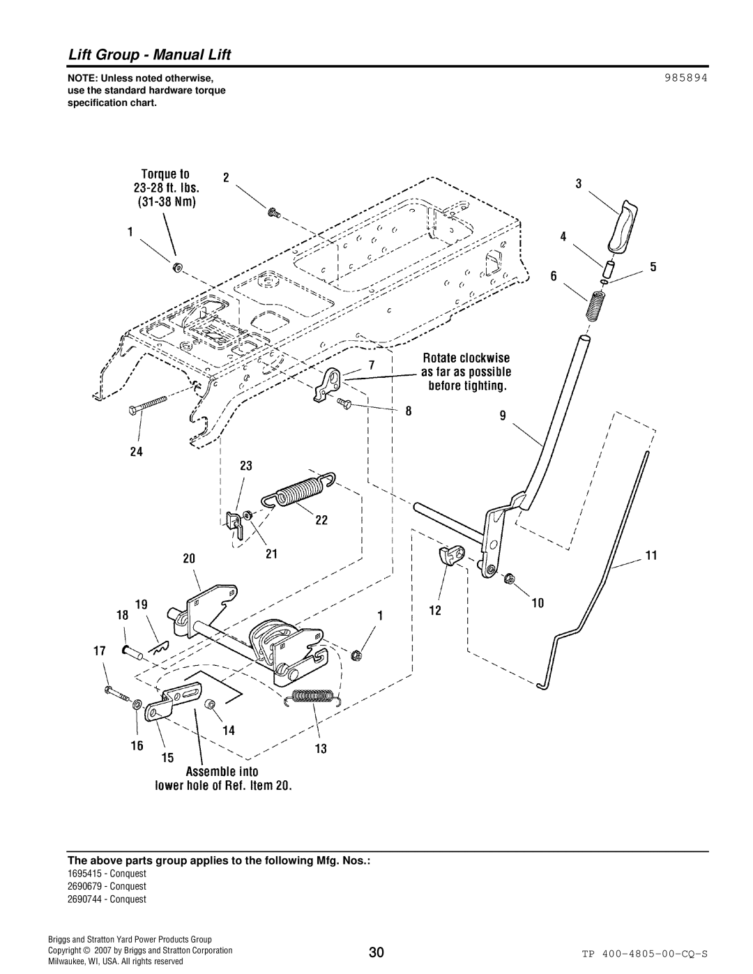 Simplicity 4WD Series manual Lift Group Manual Lift, 985894 