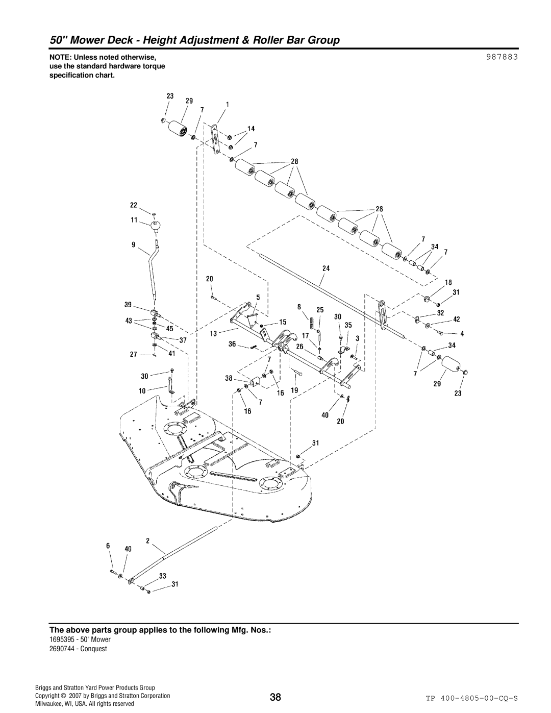 Simplicity 4WD Series manual Mower Deck Height Adjustment & Roller Bar Group, 987883 