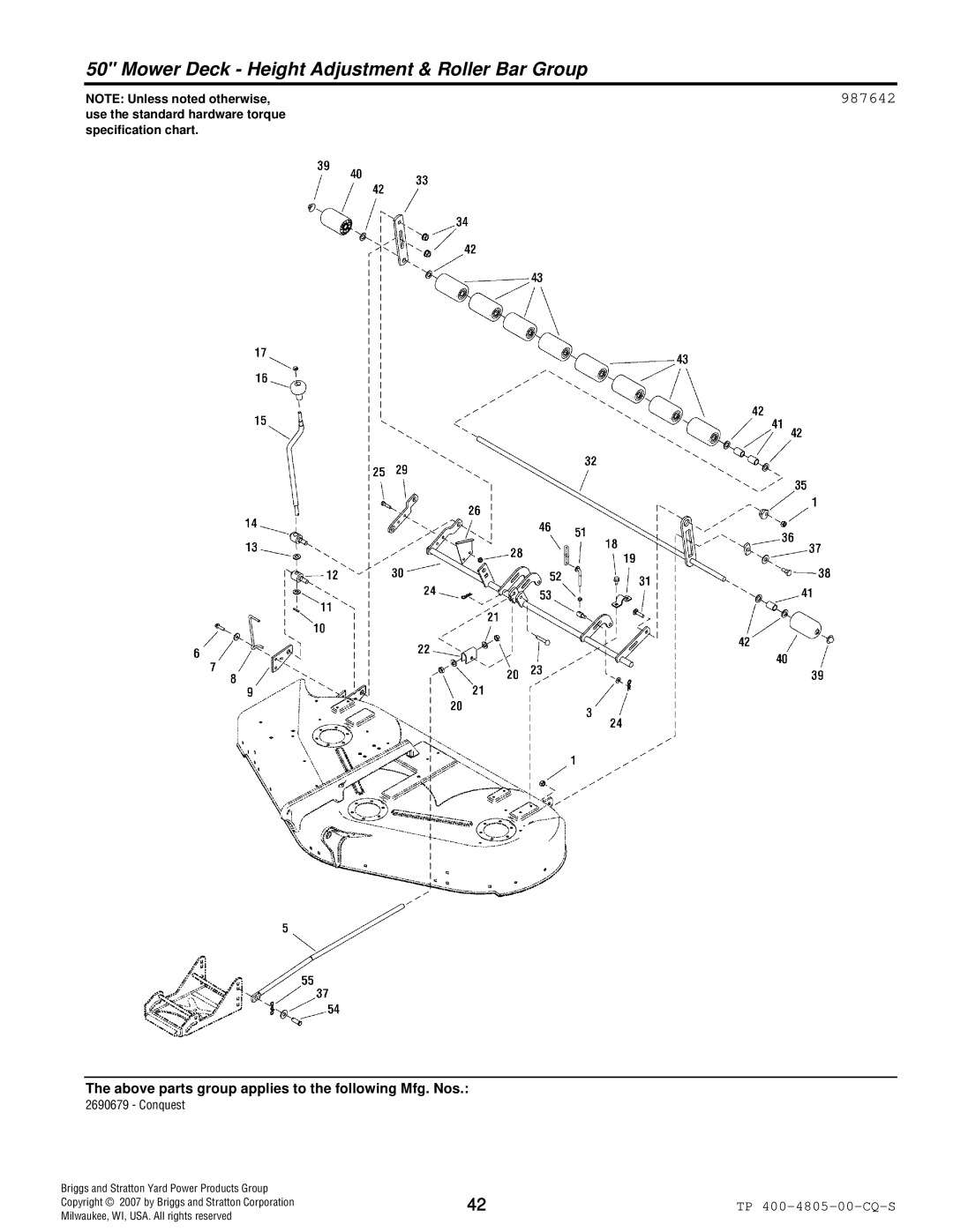 Simplicity 4WD Series manual Mower Deck Height Adjustment & Roller Bar Group 