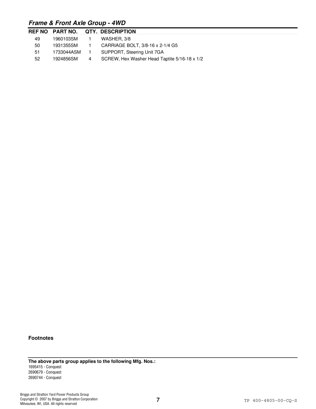 Simplicity 4WD Series manual WASHER, 3/8 