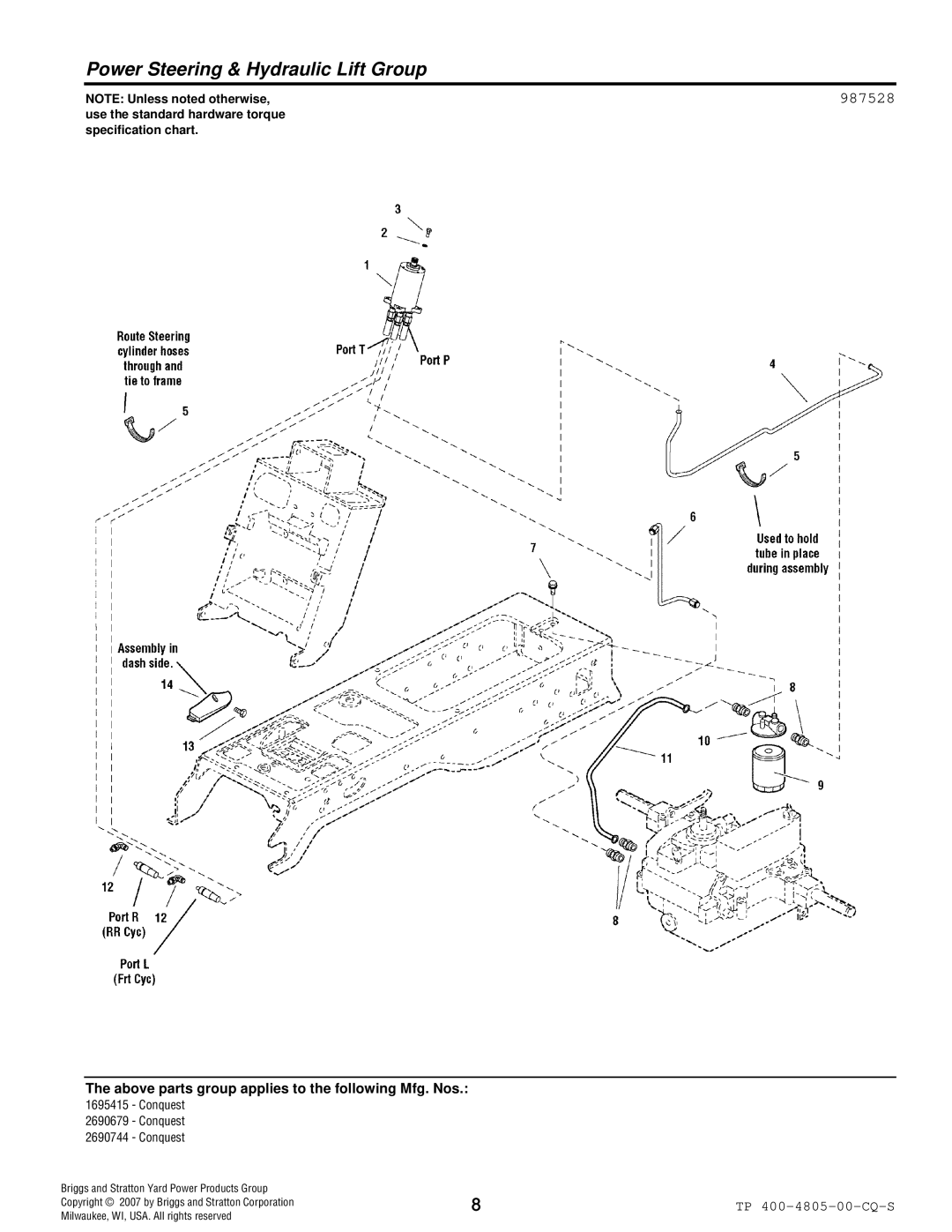 Simplicity 4WD Series manual Power Steering & Hydraulic Lift Group, 987528 