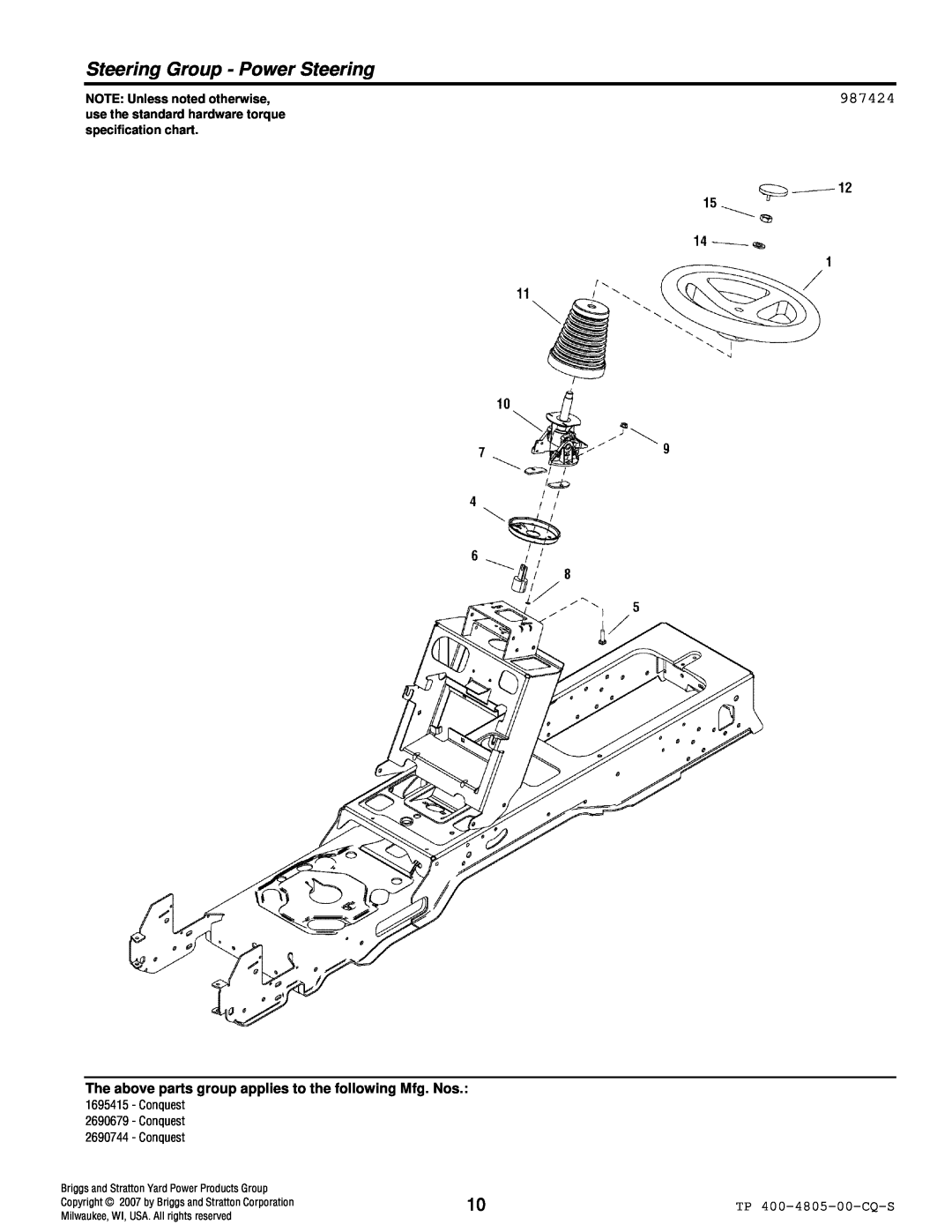 Simplicity 4WD Series manual Steering Group - Power Steering, 987424, NOTE: Unless noted otherwise 