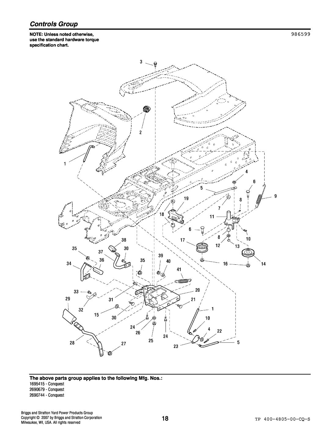 Simplicity 4WD Series Controls Group, 986599, NOTE: Unless noted otherwise, Briggs and Stratton Yard Power Products Group 