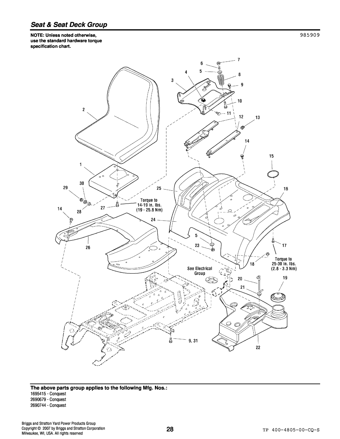 Simplicity 4WD Series manual Seat & Seat Deck Group, 985909, NOTE: Unless noted otherwise 