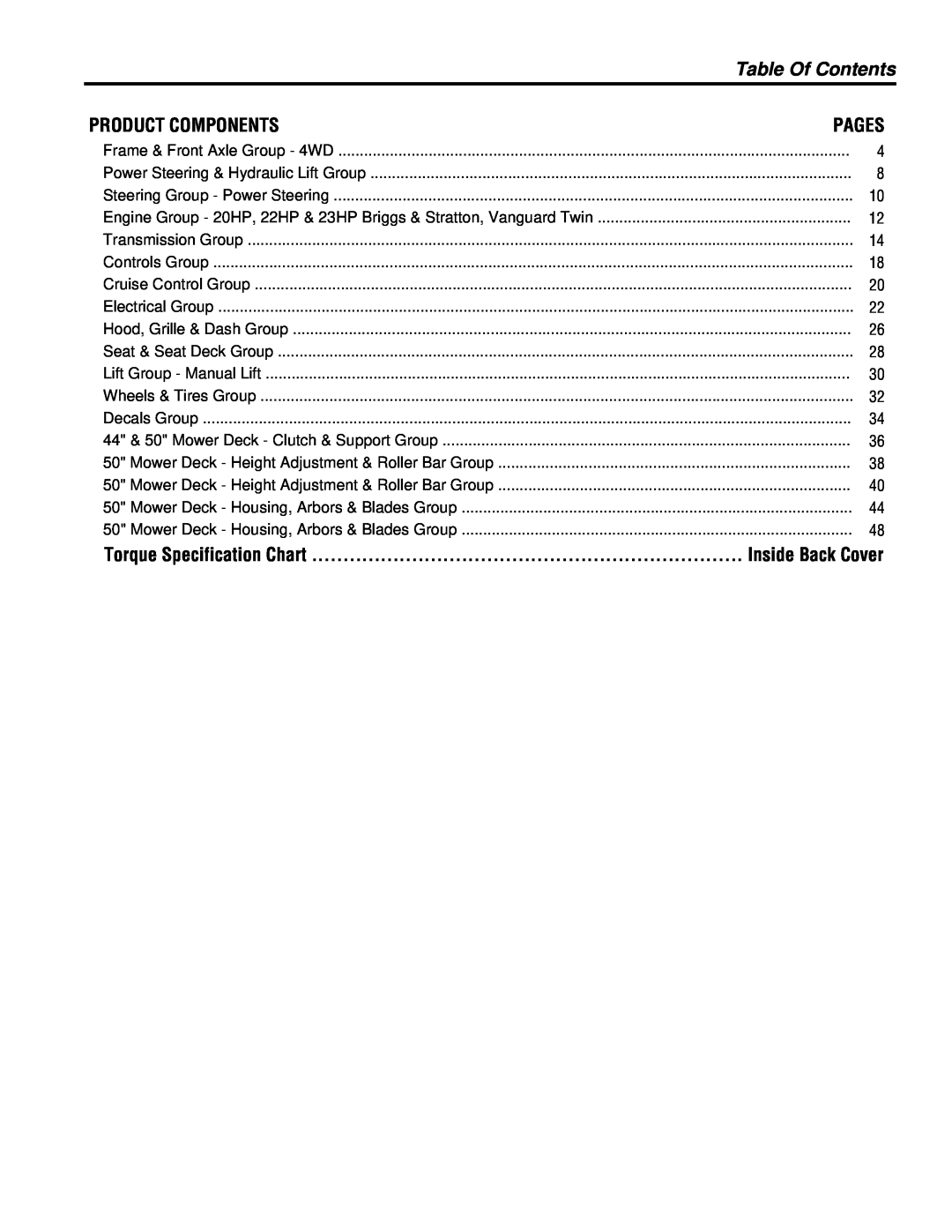 Simplicity 4WD Series manual Table Of Contents, Product Components, Pages, Torque Specification Chart, Inside Back Cover 