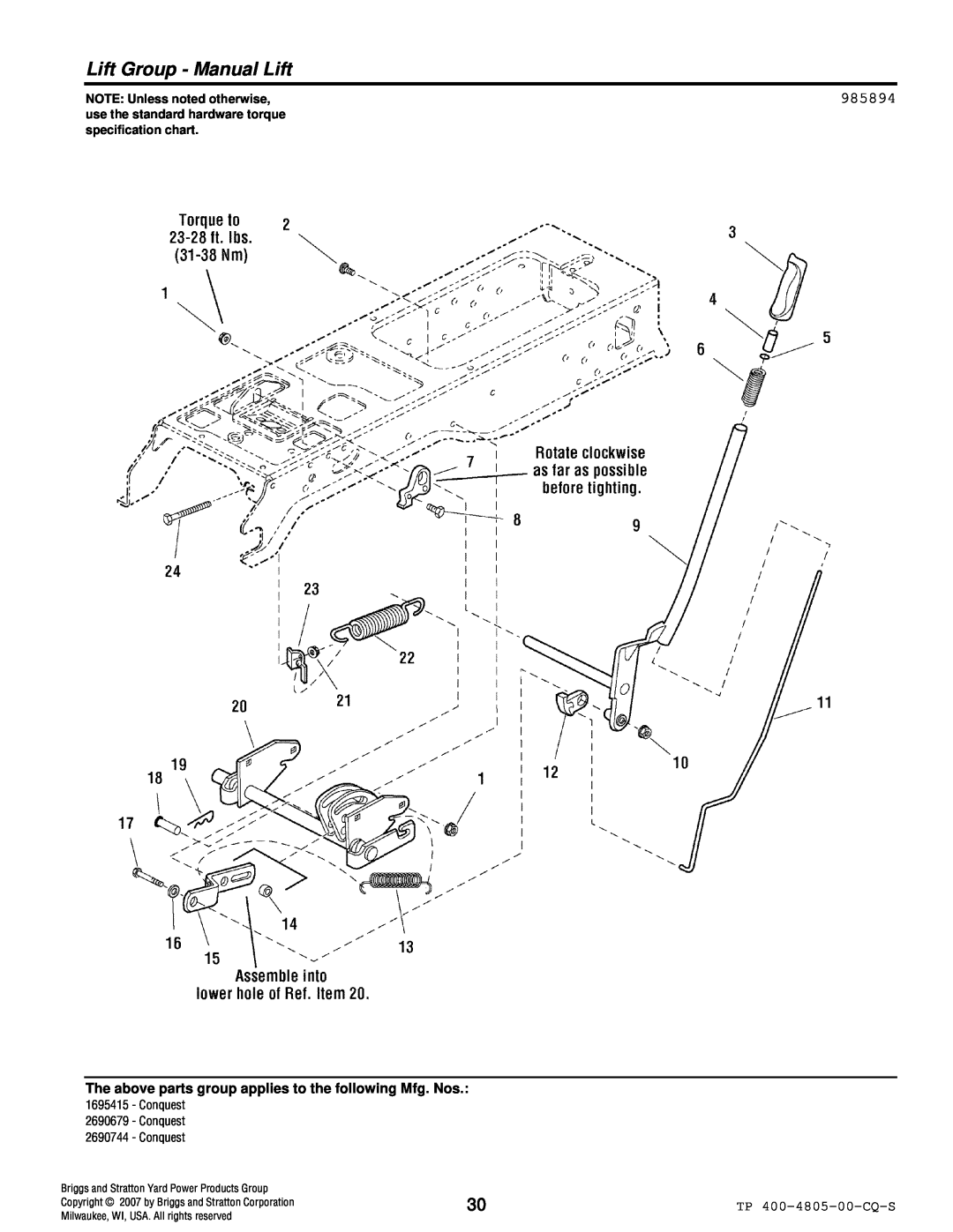 Simplicity 4WD Series manual Lift Group - Manual Lift, 985894, NOTE: Unless noted otherwise 