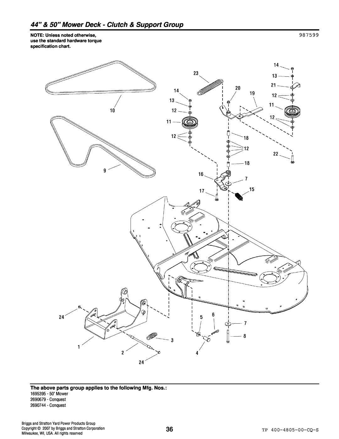 Simplicity 4WD Series manual 44 & 50 Mower Deck - Clutch & Support Group, 987599, NOTE: Unless noted otherwise, Conquest 