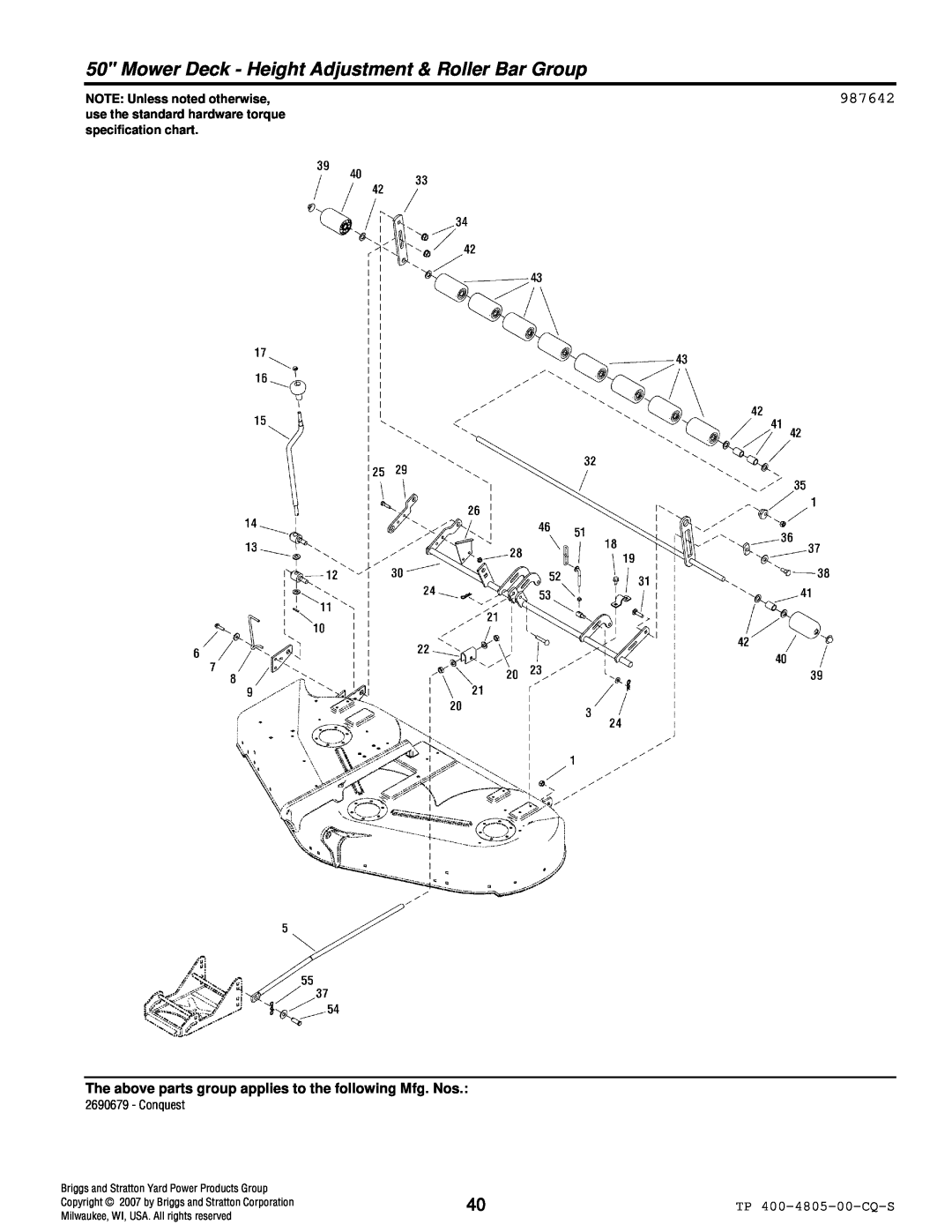 Simplicity 4WD Series manual 987642, NOTE: Unless noted otherwise, Conquest, Briggs and Stratton Yard Power Products Group 