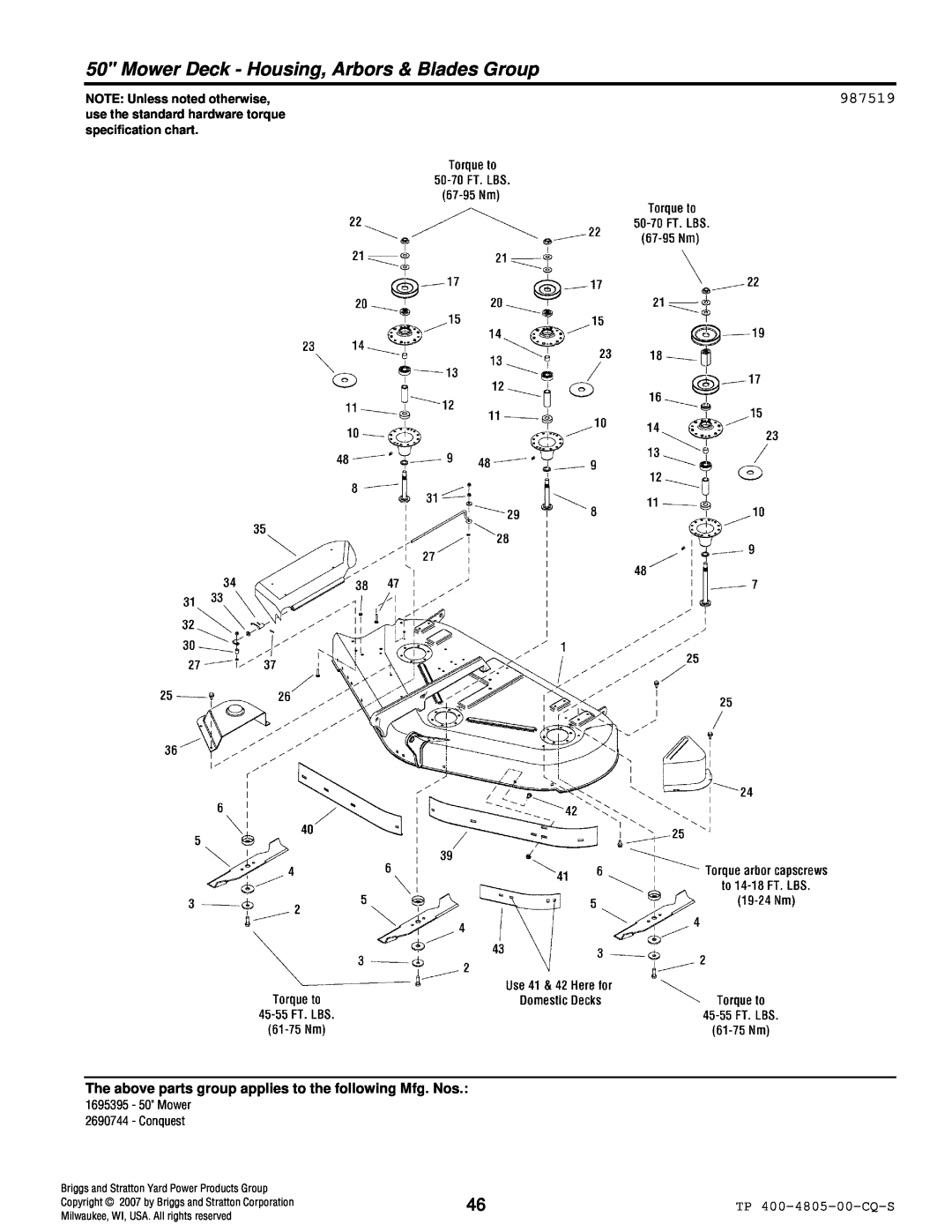 Simplicity 4WD Series manual Mower Deck - Housing, Arbors & Blades Group, 987519, NOTE Unless noted otherwise 