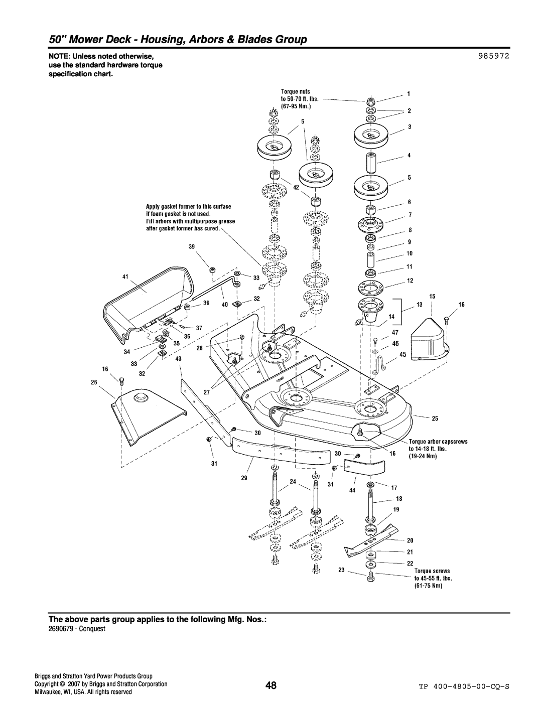 Simplicity 4WD Series manual 985972, Mower Deck - Housing, Arbors & Blades Group, NOTE Unless noted otherwise 
