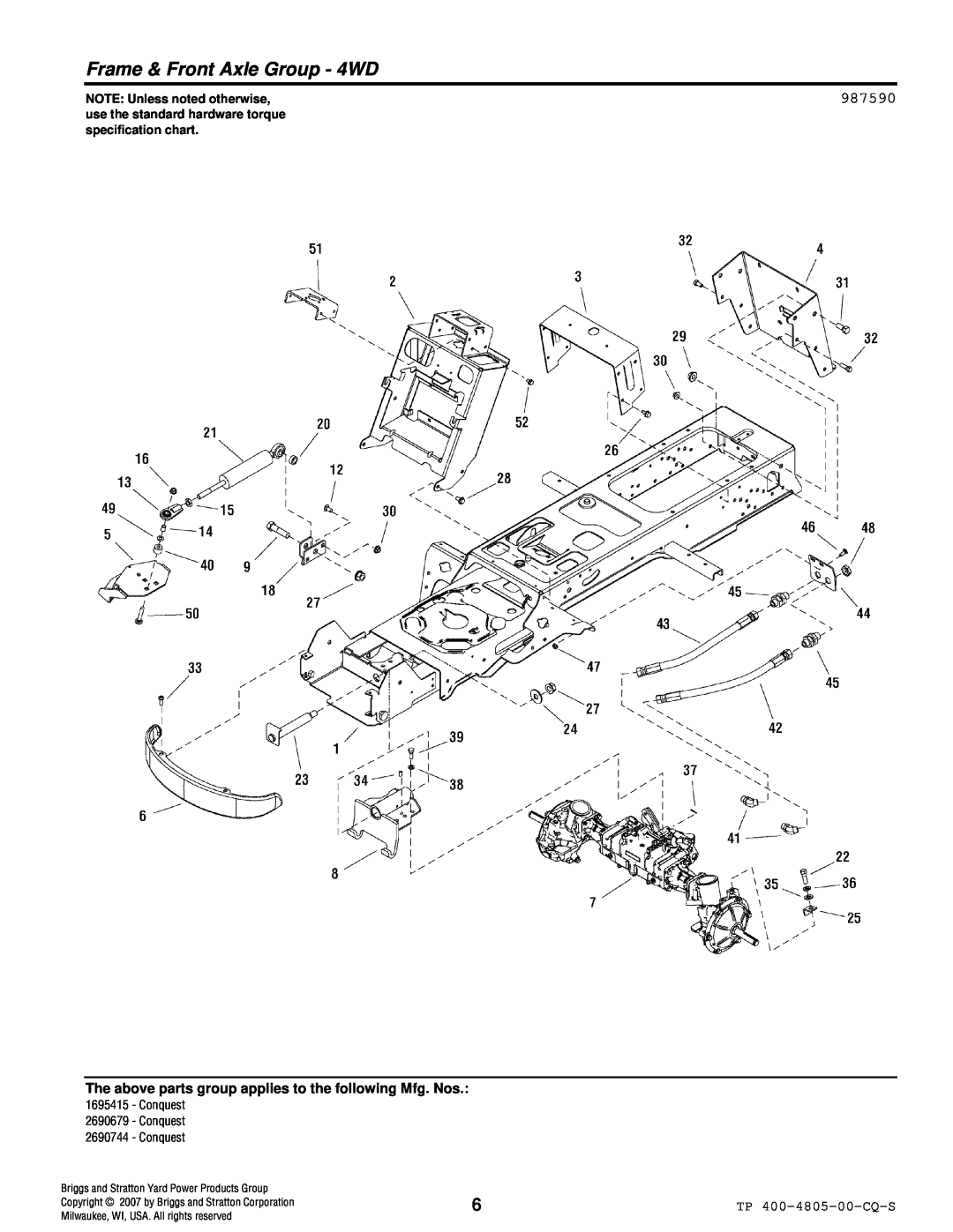 Simplicity 4WD Series manual Frame & Front Axle Group - 4WD, 987590, NOTE: Unless noted otherwise 