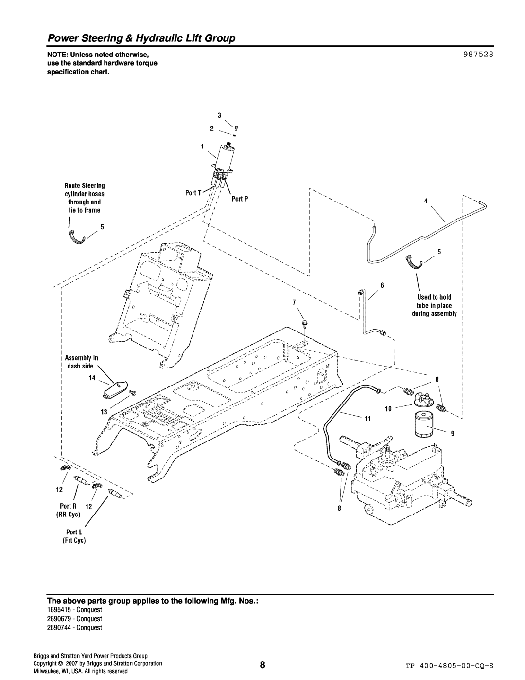 Simplicity 4WD Series manual Power Steering & Hydraulic Lift Group, 987528, NOTE: Unless noted otherwise 