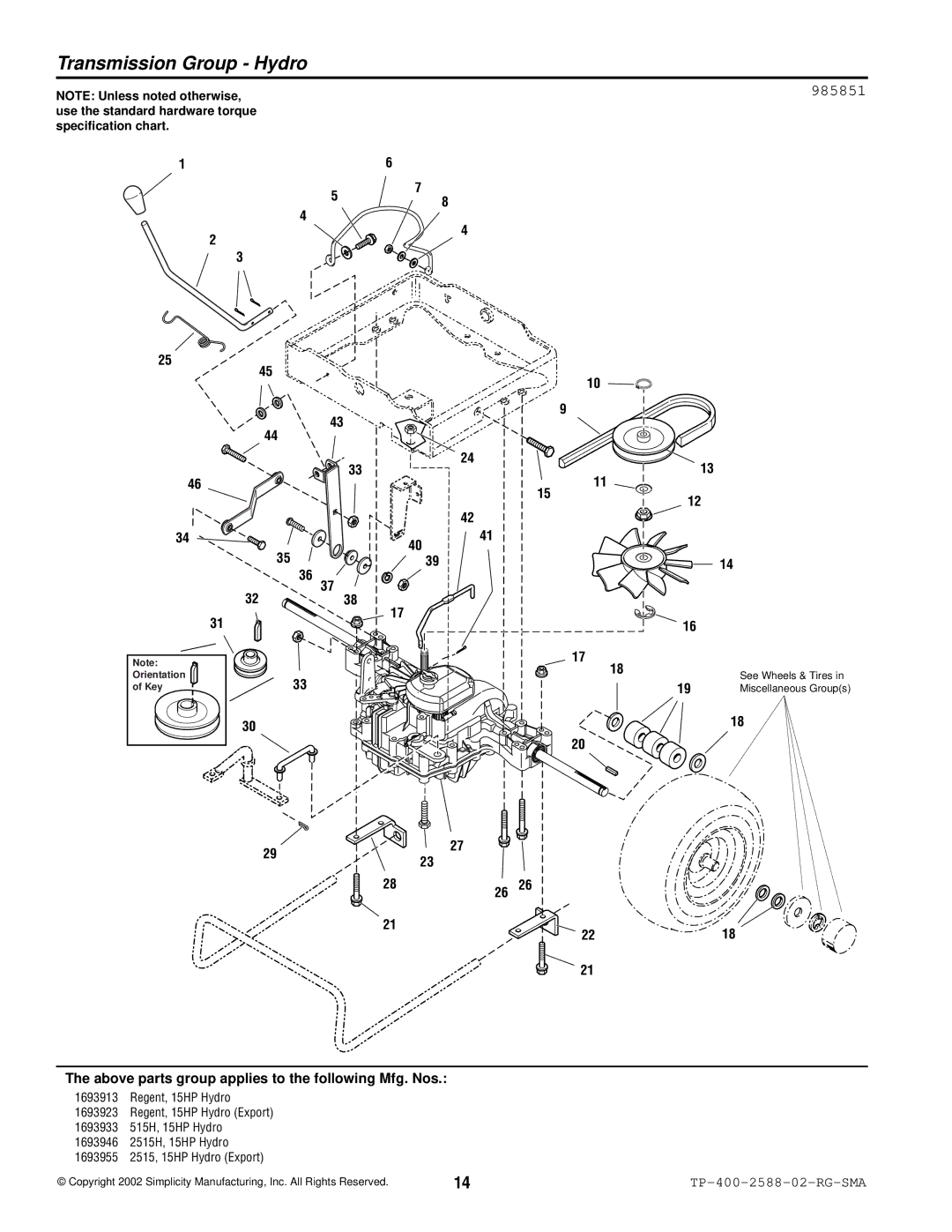 Simplicity 500 Series manual Transmission Group Hydro, 985851 