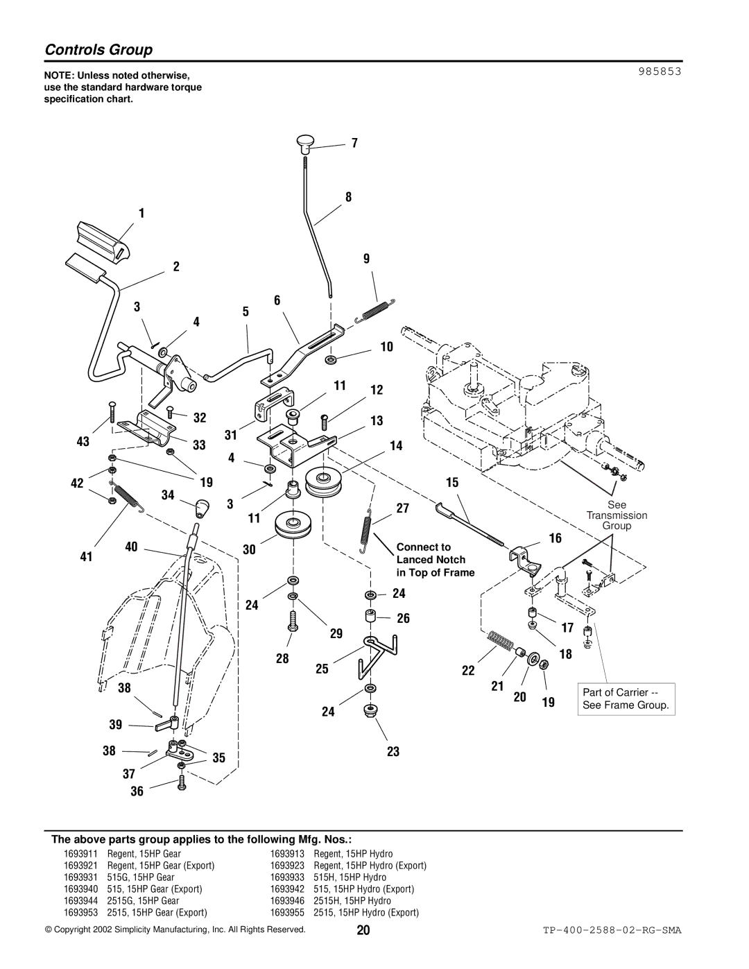 Simplicity 500 Series manual Controls Group, 985853 