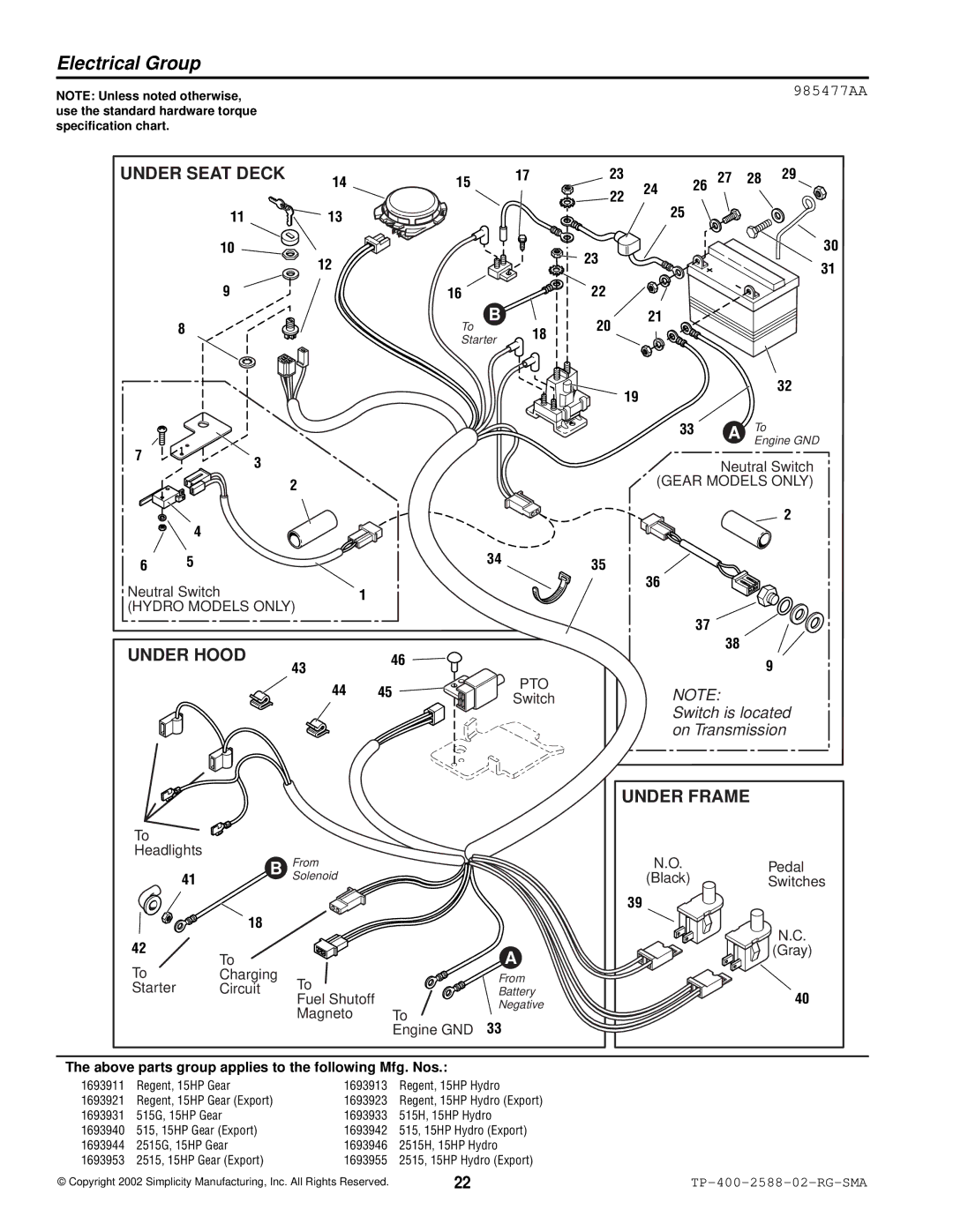 Simplicity 500 Series manual Electrical Group, 985477AA 